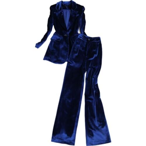 Fashion suit suit female fall / winter New high quality Casual business Gold velvet suit female + wide leg pants two-piece Set