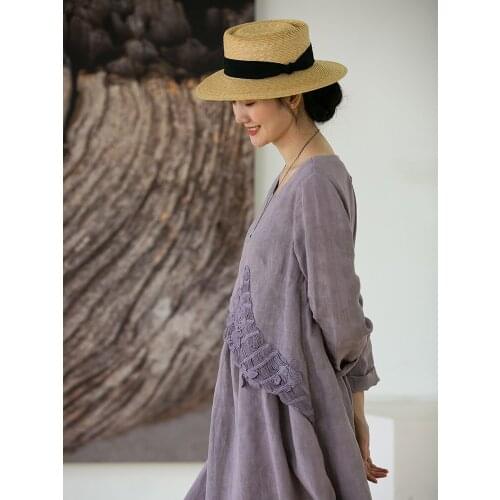 Womens round neck Dress womens Linen hook flower dress beautiful expectation 2021-02-13