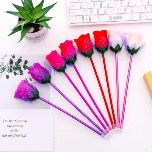 48 pcs/lot Simulation Rose Ballpoint pen Cute 0.5mm blue ink Flower Ball pens Promotion gift school writing supplies
