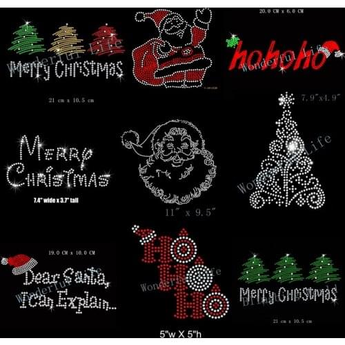 Free shipping Various Style For Merry Christmas Tree Rhinestone Iron On Transfer Hot Fix Bling