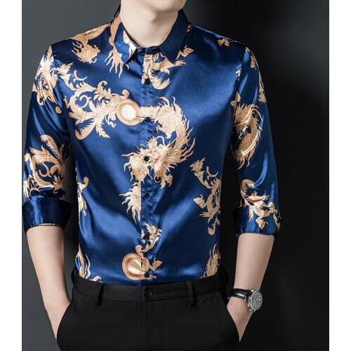 Royal Blue Smooth Satin Shirts For Mens Dragon Phoenix Black Ice Silk Shirts Stylish Mens Clothing Large Sizes Husband Fashion