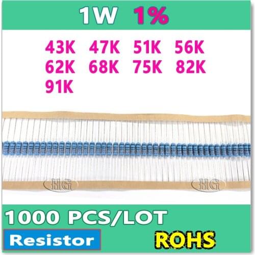 JASNPROSMA 1W 1000PCS/LOT 1% 43K 47K 51K 56K 62K 68K 75K 82K 91K metal film DIP OHM Box packing