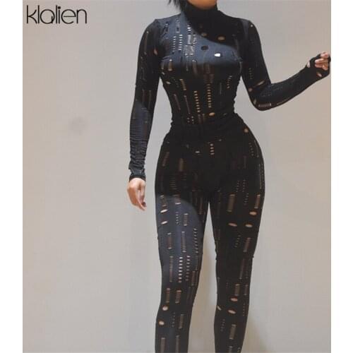 KLALIEN Fashion Sexy Hollow Out Hole Sports Fitness Outfit For Women Autumn Skinny Stretch Tracksuit Female Activewear New