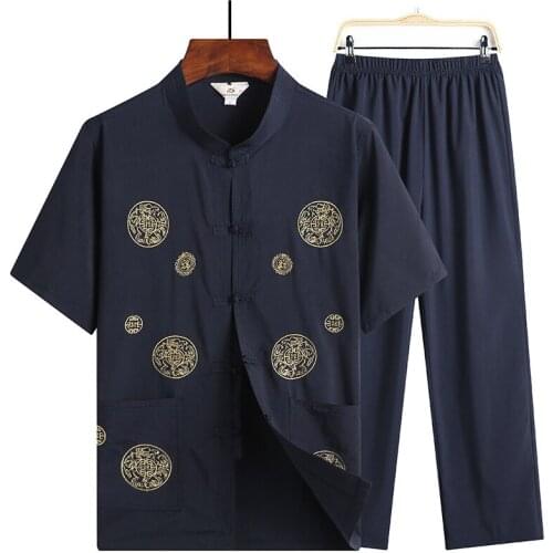 Chinese Style Clothing for Men Summer Short Sleeve Loose Dragon Printing Solid Color Simple Cardigan Sets Leisure Style Clothes