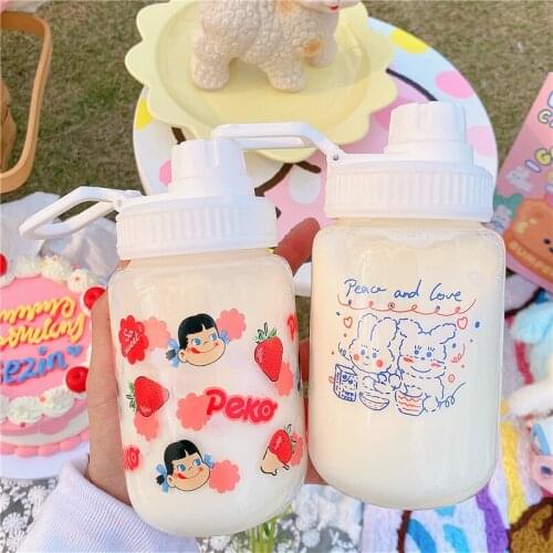 Cute Strawberry Glass Water Bottle With Straw Portable Leakproof Student Kids Bottles For School Drinking Clear Milk Sippy Cup