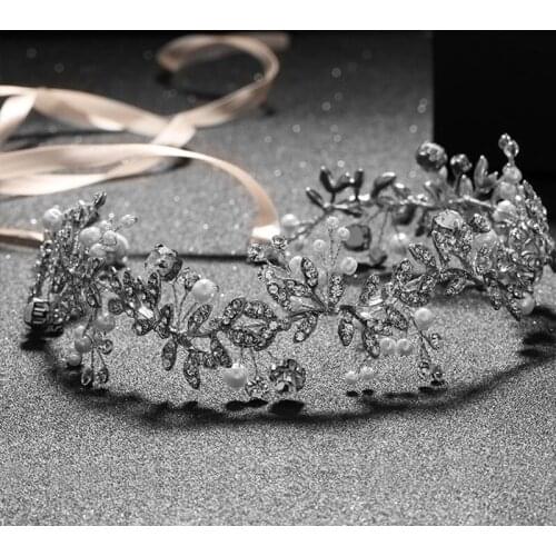 Fashion Elegant Silver Rhinestone Leaf Alloy Pearl Girl Headband Ribbon Bridal Wedding Hair Accessories Hair Jewelry BN