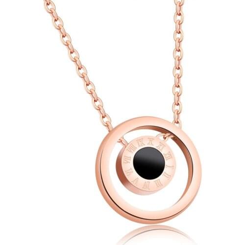 Roman Numeral Double-sided Black and White Shell Rose Gold Plated Titanium Steel Pendant Necklace