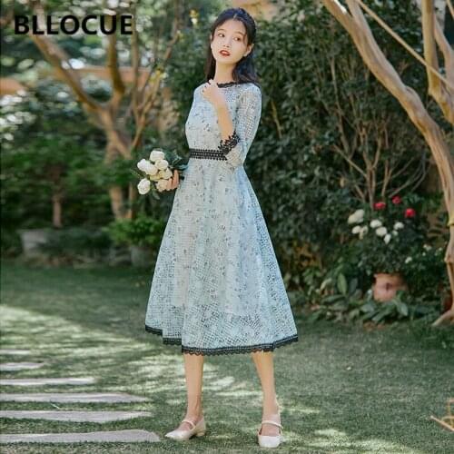 BLLOCUE High Quality Hollow Out Flower Print Summer Dress 2020 Women High Waist Office Dress Elegant Lace Party Dresses Vestido