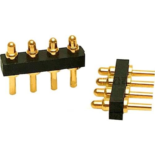 4p Spring Contact Pogo Pin Connector Probe Grid 2.0/2.5 mm 4 Position Strip 1 Row Pitch Vertical 4.3 mm Height Through Holes PCB