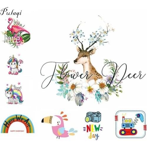 Pulaqi Unicorn Rainbow Six Flamingo Patches Iron On Transfers Hot Cartoon Comics Heat Thermal Transfer For Clothes DIY Decor F