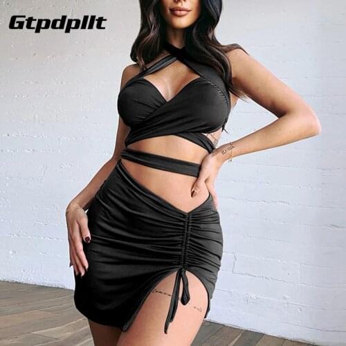 Gtpdpllt Sexy Bodycon Ruched Bandage Two Pieces Dress Set Women Halter Crop Tops And Skirt Club Outfit Party Drawstring Suit