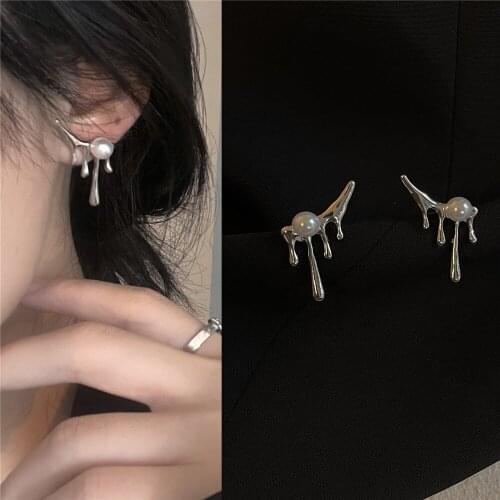 Silver Small Geometry Earrings Korean Metal Irregular Earrings For Women Female Vintage Pear Bead Earrings Trendy Jewelry