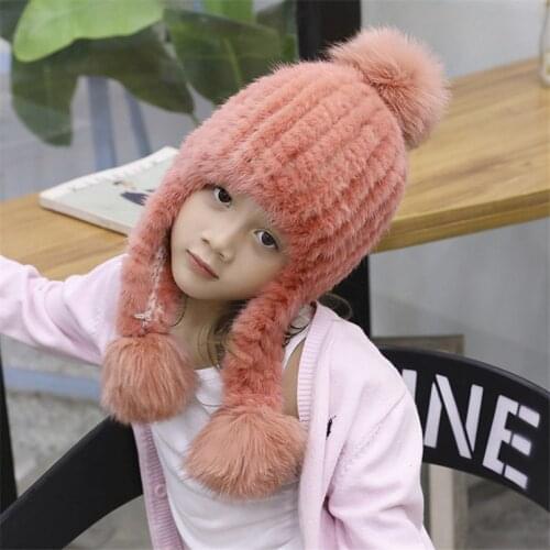 Natural Mink Fur Bomber hats Winter Warm Outdoor Fluffy Earflap Caps Luxury Russian Boys and Girls Children R6