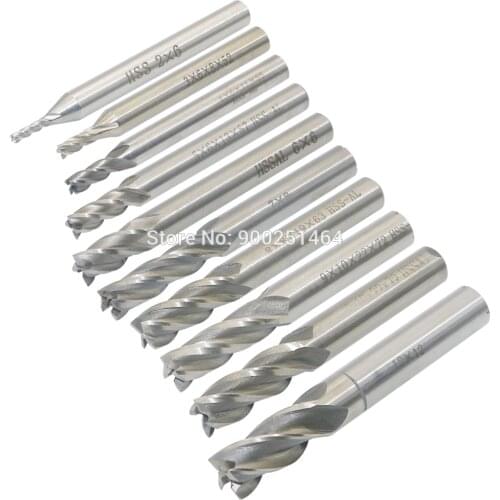 10pcs, 4 Flute High-Speed Steel Straight Shank End Mill, 2, 3, 4, 5, 6, 7, 8, 9, 10, 12mm HSS White Steel Milling Cutter