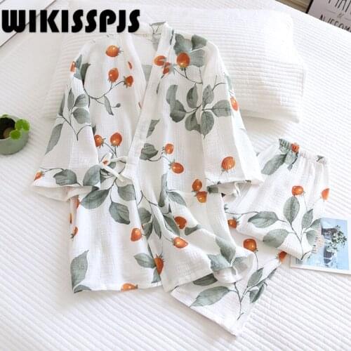 WIKISSPJS 2021 Spring and Autumn Kimono 3 / 4 Sleeve Crepe Korean Loose Fitting Home Wear Women Pajama Set Two Piece Set Summer