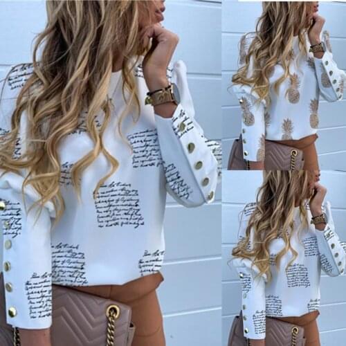 Women Character Print Casual Round Neck Blouse Button Long Sleeve Tops AM1372