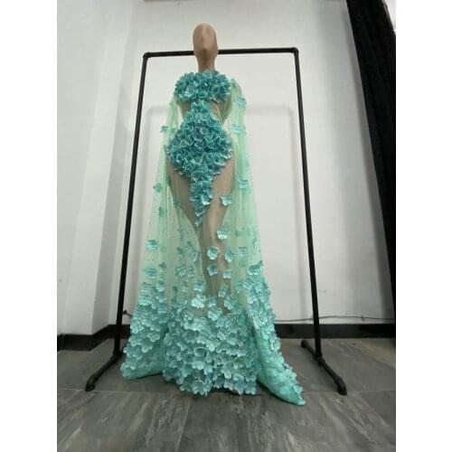Women Birthday Costume Prom Green Flower Tail Dresses Luxury Stage Celebrate Outfit Long Dress Evening Party Girl Dress
