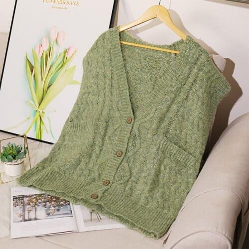 2021 Loose Autumn Winter Sweater Women Female Knitted Sweater Loose sleeveless Sweater Cheap V Neck Casual Warm Solid Coat