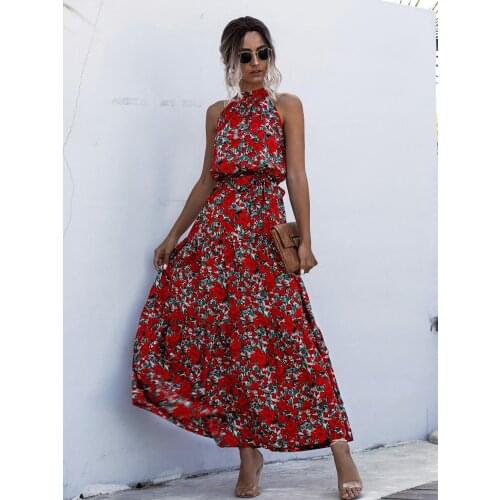 Summer Long Dress With Polka Dot Printing Casual Hanging Neck Off-shoulder Swing Dress 2021 Womens Large Summer Elegant