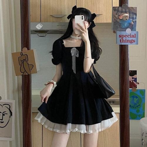 Puff Short Sleeve Women Elegant Bow Dresses Vintage Black Lady Gothic Square Collar Mini Dress White Mesh High Waist Vestidos