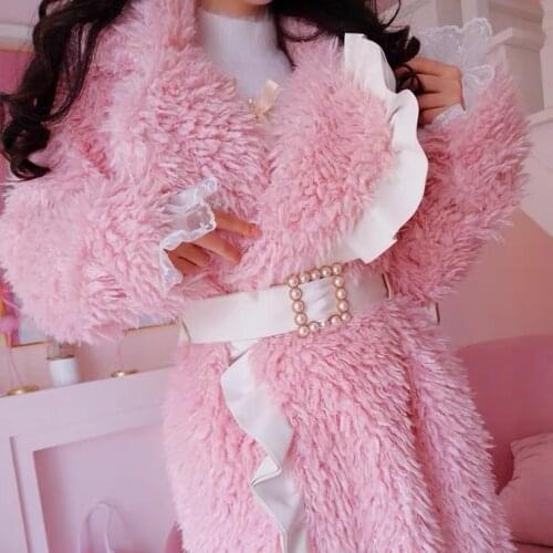2020 Belt Jacket Women Fashion Fox Fur Collar Jackets Winter Pink Slim Jacket Lady Outerwear