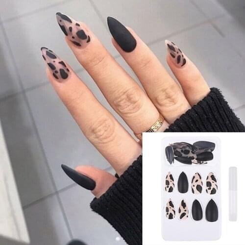 24PCS/Box Leopard False Nail Long French Fake Nails UV Gel Press On Nails Tips With Glue Girls Women Fashion Nails Art Decor