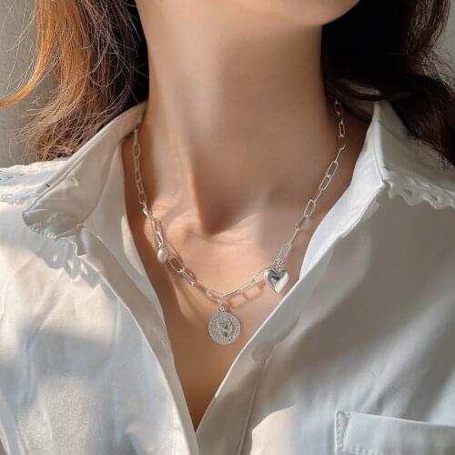 Amaiyllis 925 Sterling Silver Fashion Heart Clavicle Chain Necklace Pendants Pearl Bead Necklace For Female Accessories