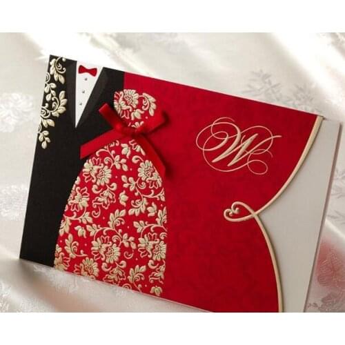 Free Shipping 50PCS/LOT CW1051 Bride & Groom Dress Wedding Invitation Card With Envelope