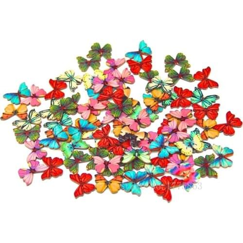 50 Pcs 28mm 2 Holes Butterflies Flower Panted Wood Buttons-, for Sewing, Scrapbooking, Embelishments, Crafts, 7NK48
