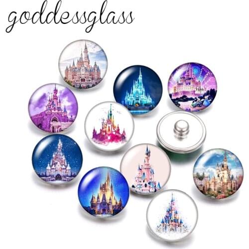 Disney castle Firework Night scenery 10pcs Round photo glass 18mm snap buttons for 18mm snap bracelets jewelry wholesale