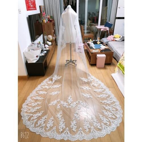 Elegant Real Photos 3M White/Ivory Cathedral Length Appiqued Wedding Bridal Veil With Comb Wedding Accessories MD3081