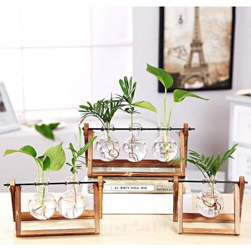 Terrarium Hydroponic Flower Vase Wooden Frame Transparent Glass Flower Pot Plant Holder For Home Bonsai Decoration Tabletop Vase