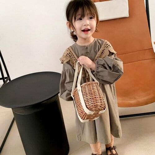 Girls Retro Cotton Long-Sleeve Dress Spring And Autumn New Casual Pleated Button Dresses With Lace Shawl WTA09