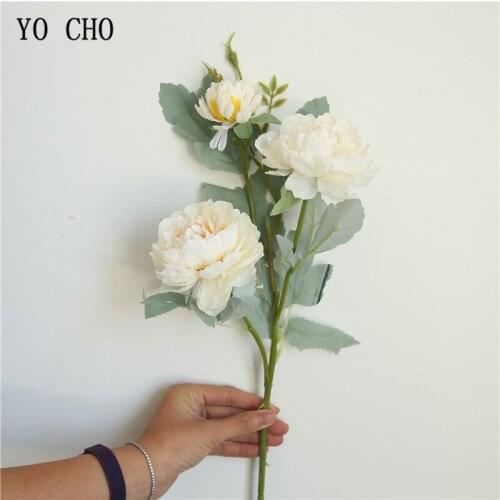 YO CHO Artificial Flower 3 Heads Silk Rose Peony Fake Flowers Home Party Wedding Wall Decor Flower Arrangement DIY Rose Bouquet