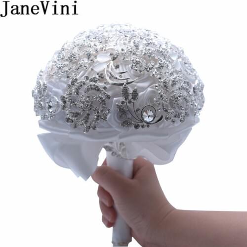 JaneVini Trouwerij Sparkly Crystals Bride Wedding Bouquet Mariage Rose Rhinestone Gray Burgundy Ivory Satin White Bridal Bouquet