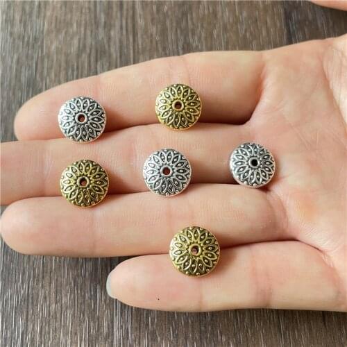 15pcs Charm flat round carved metal spacer beads connected for jewelry making DIY handmade materials wholesale