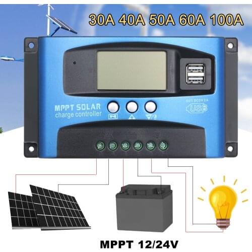 60A/50A/40A/30A/20A/10A 12V/24V Auto Adapt MPPT Solar Charge Controller PWM Solar Charge Controller LCD Dual USB 5V Output