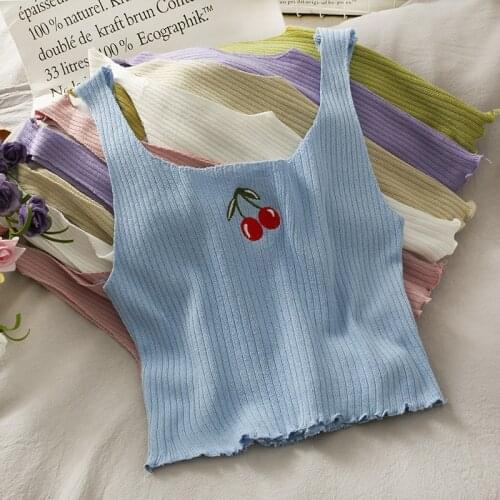 Cherry embroidery crop tops 2021 spring new knitted sleeveless all-match camis for women slim fit fashion square collar hot