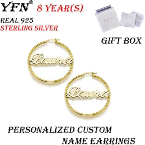 YFN Brand Sterling Silver Custom Personalized Name Round Hoop Earrings Birthday Gift