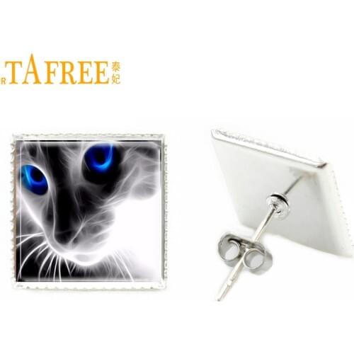 TAFREE cute animal square Stud Earrings for women 3D lifelike cat dog earring glass dome glass cabochon fashion jewlery E383