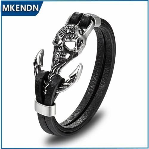 MKENDN New Fashion Men Genuine Leather Skull Anchor Bracelets Rock Punk Stainless Steel Charms Cuff Bracelets Bangles