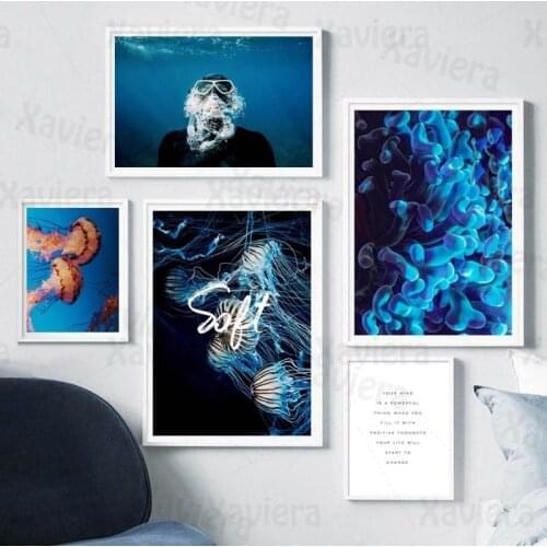Underwater World Jellyfish Coral Diving Blue Canvas Painting Wall Art Poster Living Room Home Decoration Nordic Modern Pictures