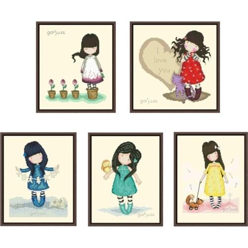 Hand in hand cross stitch package cartoon girl 18ct 14ct 11ct light yellow fabric embroidery DIY handmade needlework
