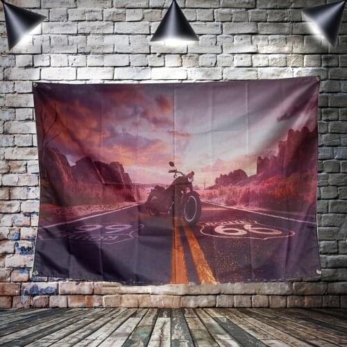 Route 66 Motorcycle Biker Rider Retro USA Flag Banner Art Home Decoration Hanging flag 4 Gromments in Corners Canvas Painting