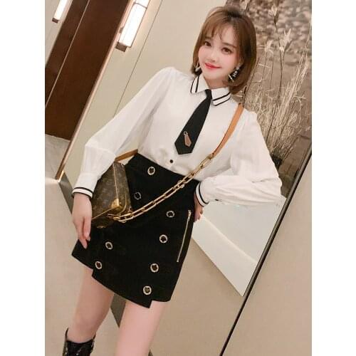 Lapel contrast lace tie decoration single breasted shirt womens wear 2021 Spring new High Quality Top Quality