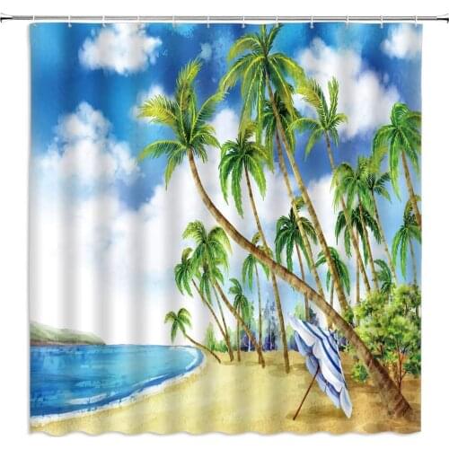 Ocean Beach Scenery Shower Curtains Watercolor Coconut Tree Sea Wave Summer Vacation Travel Bathroom Decor Cloth Hanging Curtain