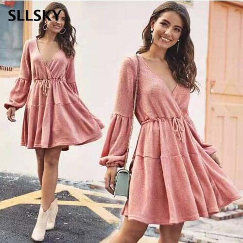Sllsky Casual Knit Sweater Waist Drawstring Ruffled Sexy V-neck High Waist Lantern Sleeves 2021 Spring And Autumn Dress