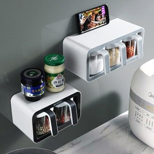 Wall Mount Spice Rack Moistureproof Sugar Bowl Salt Shaker Organizer Durable Seasoning Boxes With Spoons Kitchen Accessories