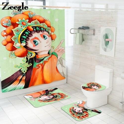 Traditional Cartoon Printed Bathroom Home Decor Bath Mat and Shower Curtain Set Memory Foam Toilet Mat U-Shaped Rug