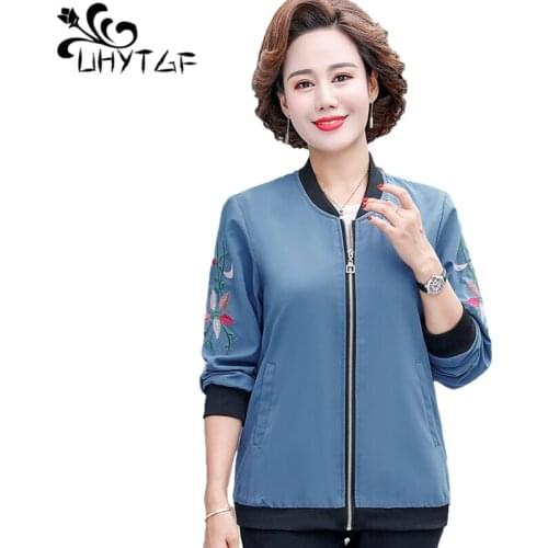 UHYTGF Elegant Mother Spring Autumn Jacket Women Zipper Casual 5XL Plus Size Coat Fashion Embroidered Long Sleeves Thin Tops1564